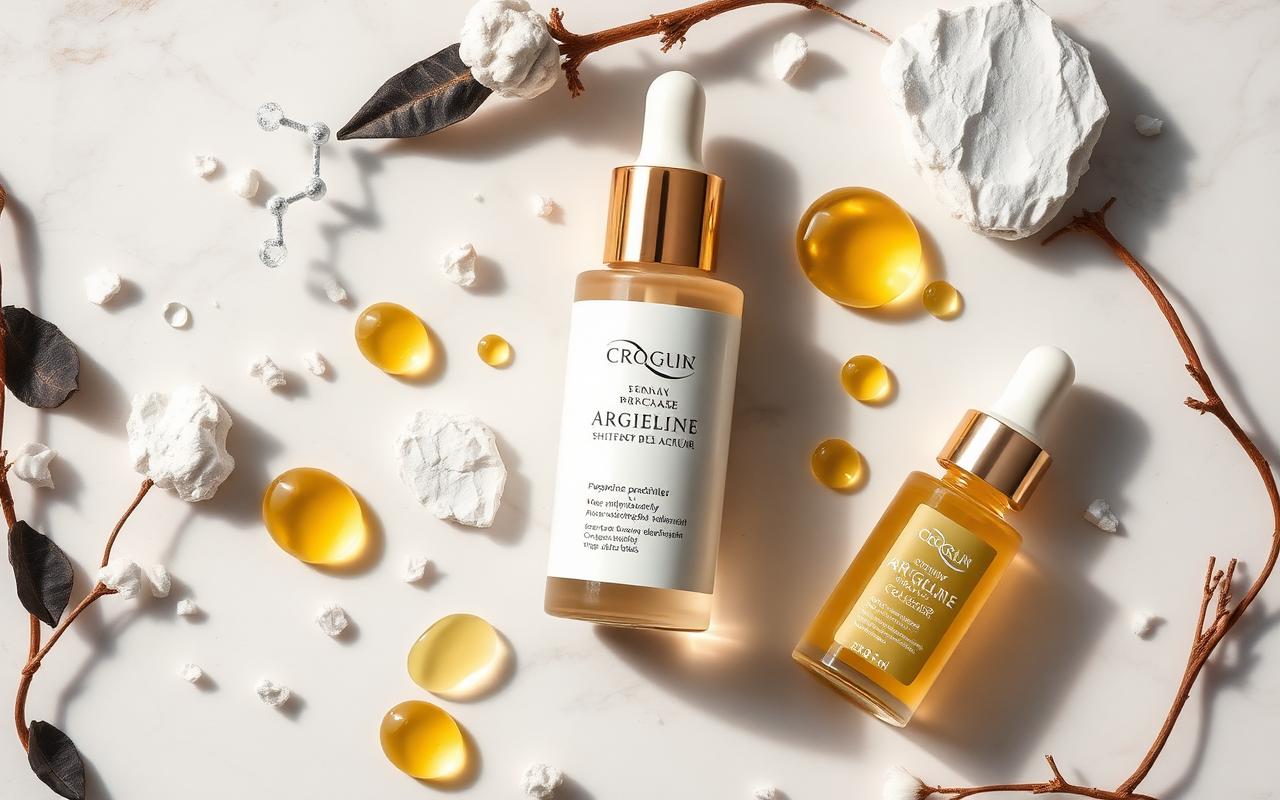 Flat lay of GloraMD Face Serum™ ingredient inspiration on cream marble