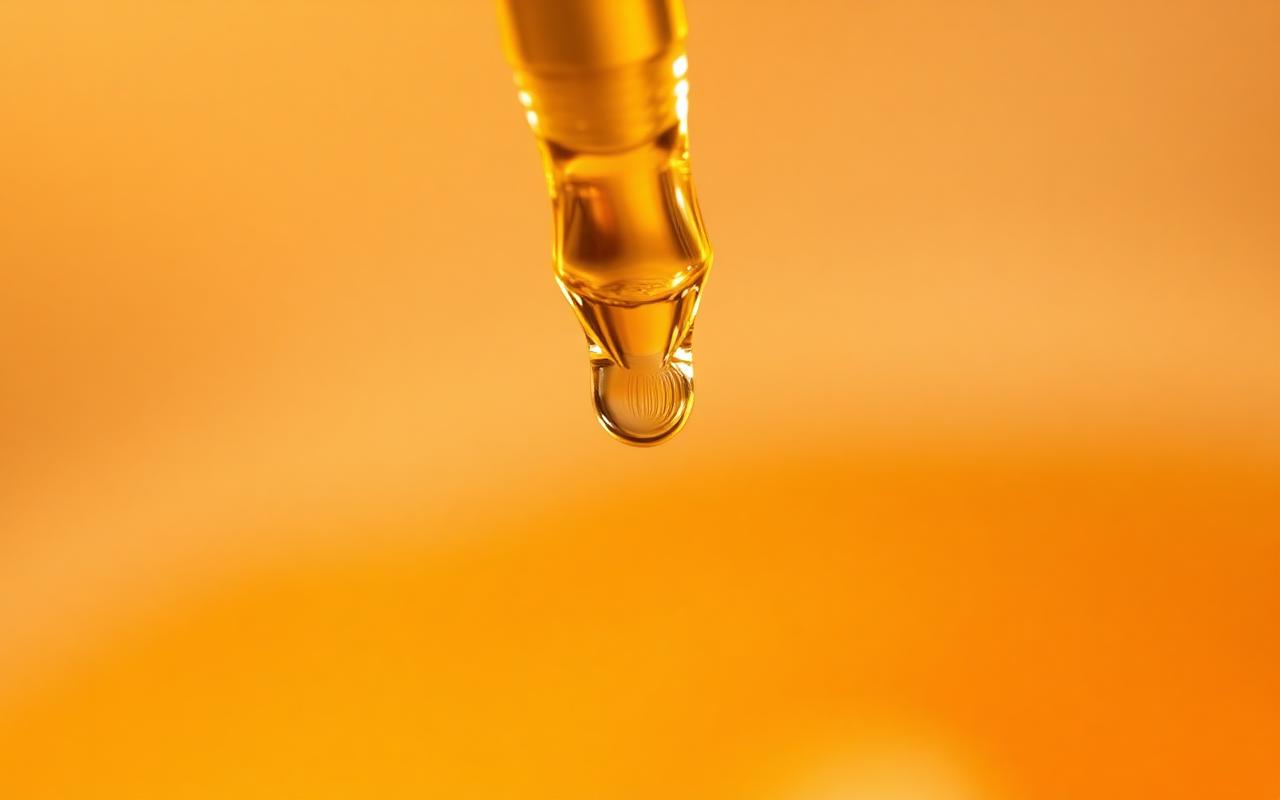 Golden serum droplet falling from the GloraMD dropper